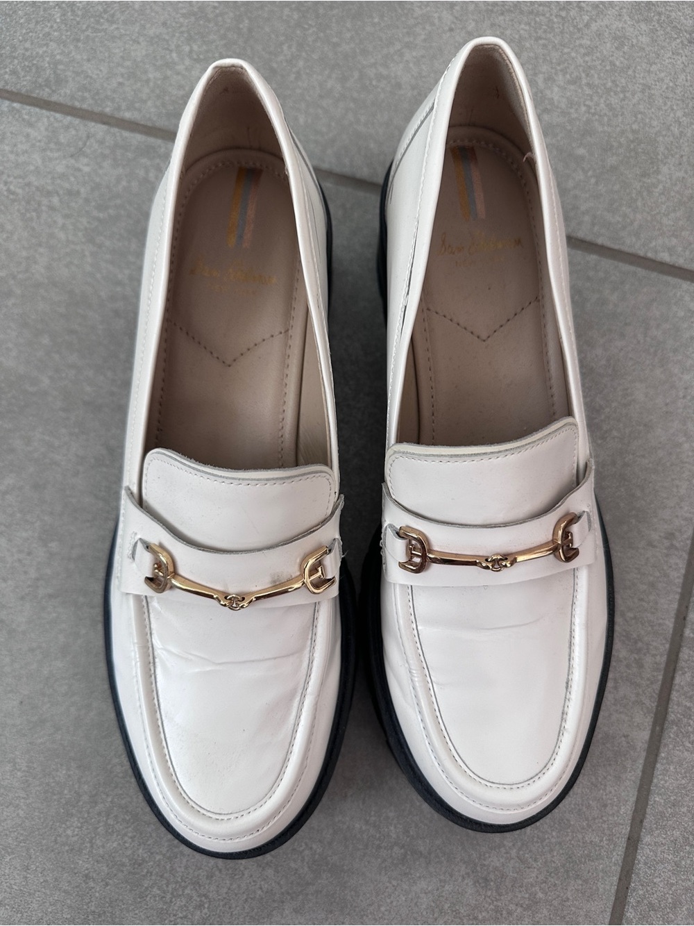 Sam Edelman White Leather Loafers with Gold Horsebit